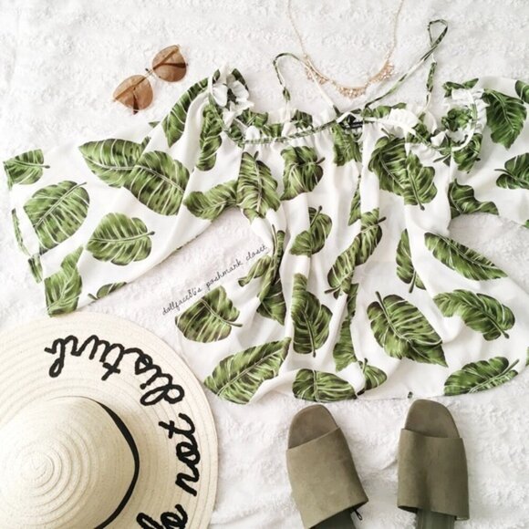 Off Shoulder Tropical Leaf Print Blouse White Green Vacation Top M - Picture 2 of 10